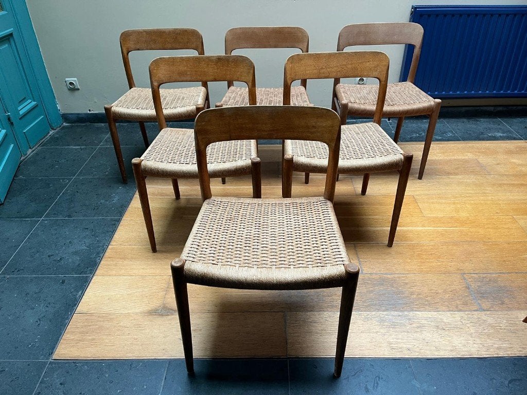 Set van 6 Deense designstoelen Møller, Model 75, Gebruikt, Bruin, Hout, Vijf, Zes of meer stoelen
