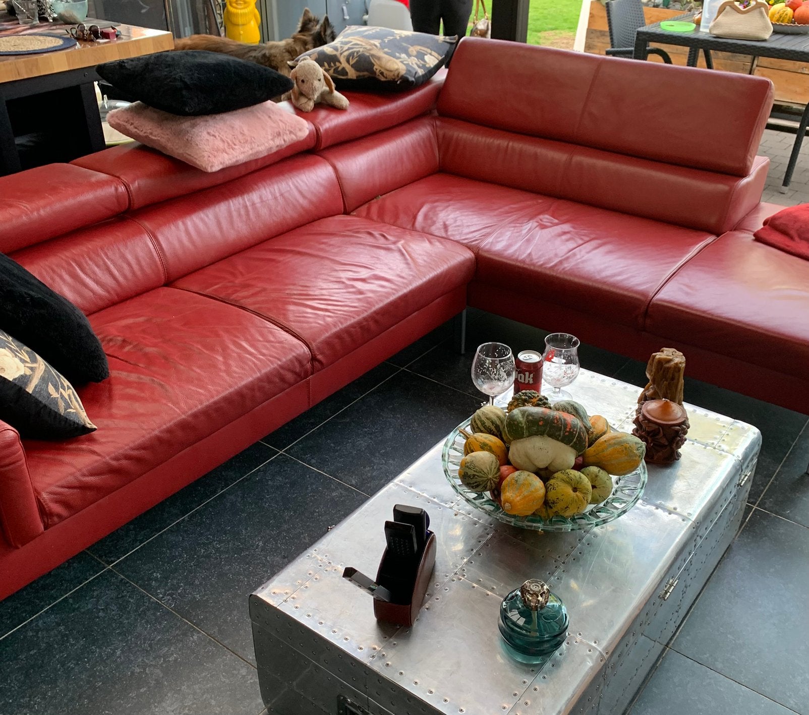 Te koop leren hoek salon rood, Ophalen, Gebruikt, Leer
