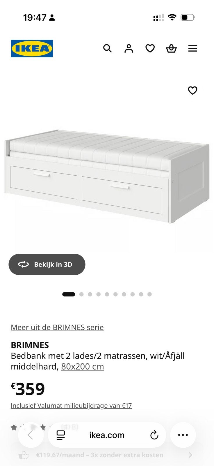 BRIMNES bedbank, Ophalen, Zo goed als nieuw, Tweepersoons, Wit