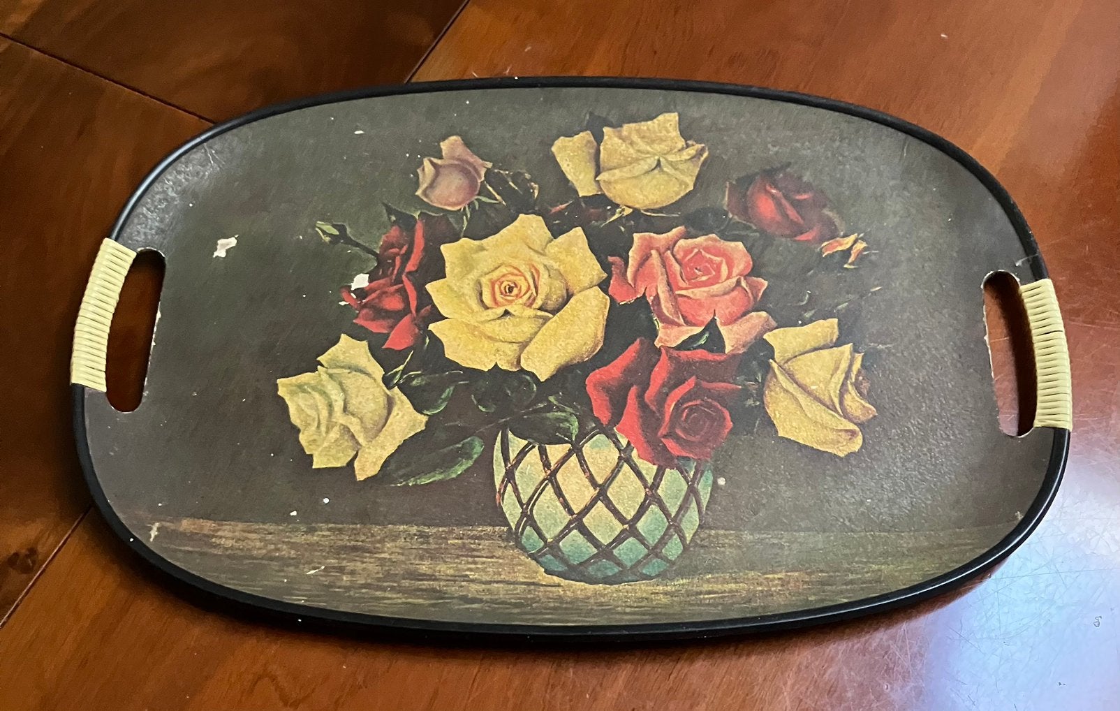 Retro dienblad met geschilde rozen plastic., Verzamelen, Ophalen