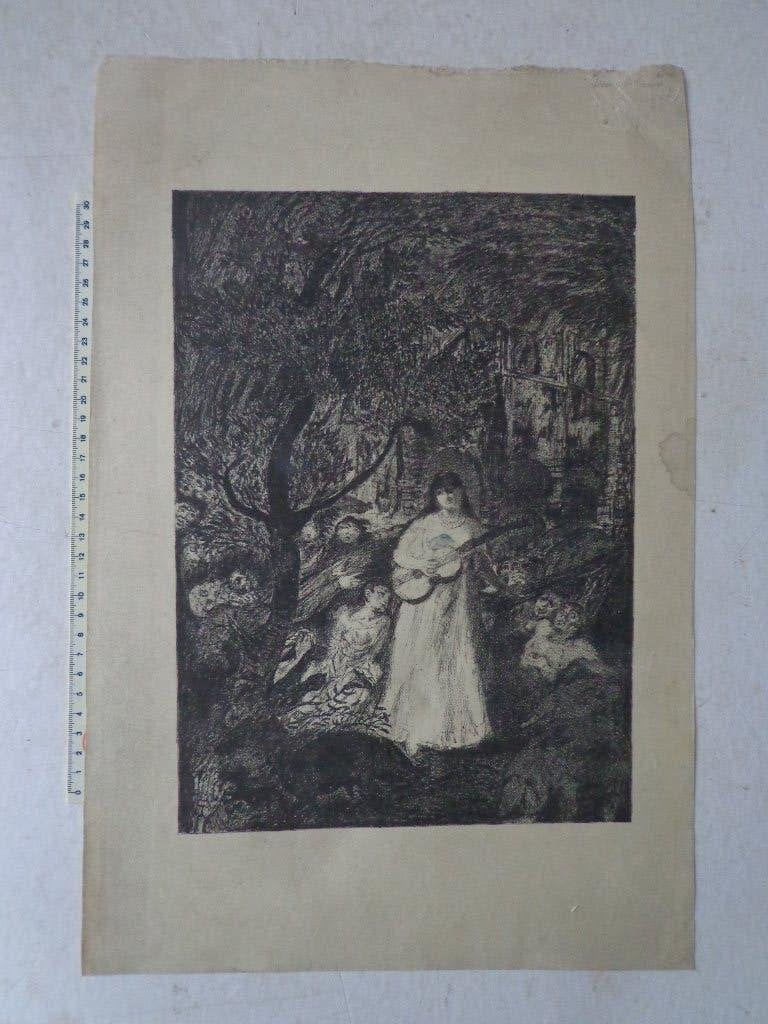 symbolistische litho van Henry De Groux "Vrouw met gitaar", Origineel, Ophalen of Verzenden, Personages en Fantasiefiguren, Lithografie