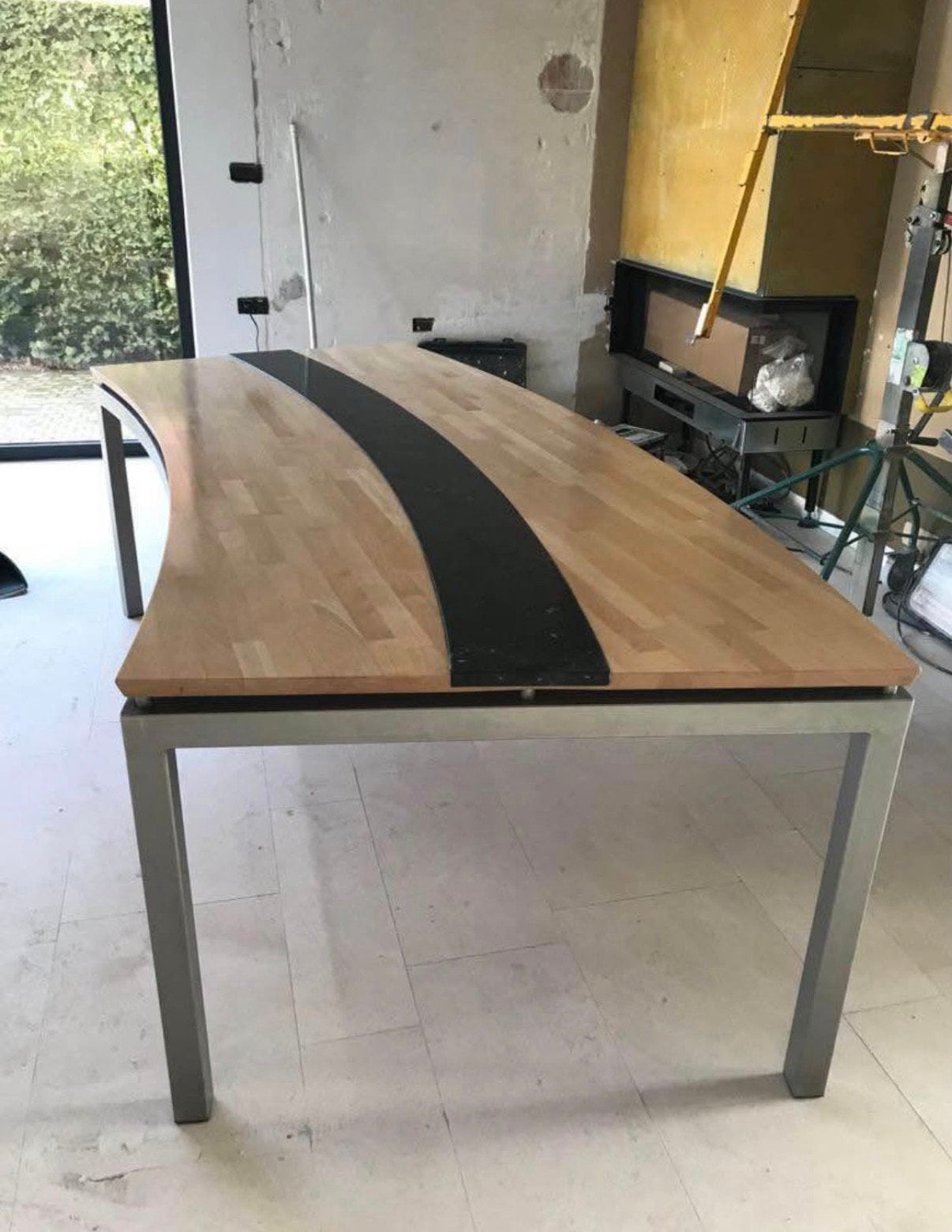 Handgemaakte tafel - Gestraalde inox poten - 8 Personen, Ophalen, Overige materialen, 200 cm of meer, 50 tot 100 cm