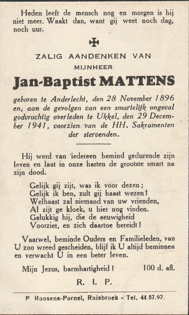 Oorlogsslachtoffer 1940-45 Jan Baptist Mattens politiek gev, Verzamelen, Ophalen of Verzenden
