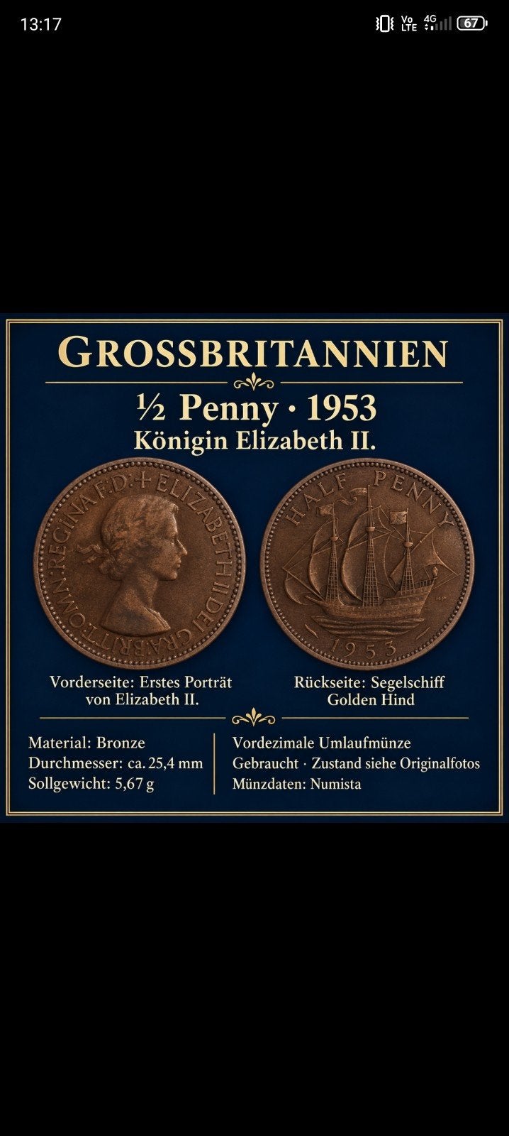 Pièce Elizabeth de 1953, Timbres & Monnaies, Enlèvement ou Envoi