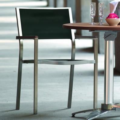 tuinmeubel stoel inox stapelbaar houten arm zwart gaas, Inox, Gebruikt, Ophalen of Verzenden, Stoel