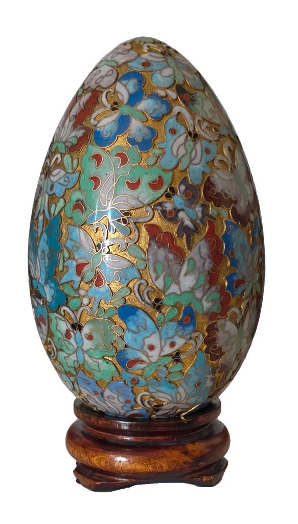 Groot cloisonné ei met vlinders., Ophalen of Verzenden