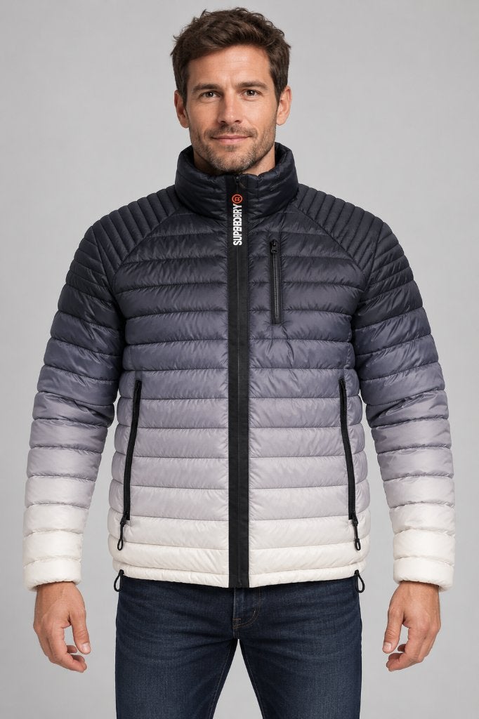 Superdry gewatteerde jas blauw grijs wit XL, Ophalen of Verzenden, Gedragen, Maat 56/58 (XL), Blauw