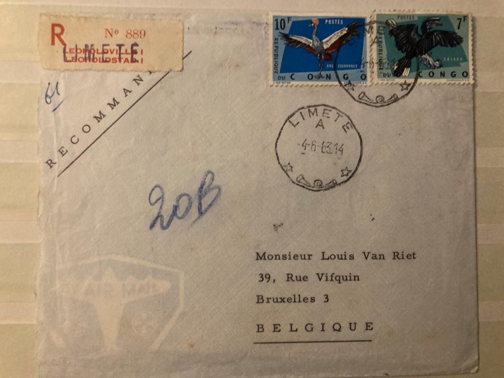 Briefpost/ aangetekend/ van Limete naar Brussel/ congo, Verzenden