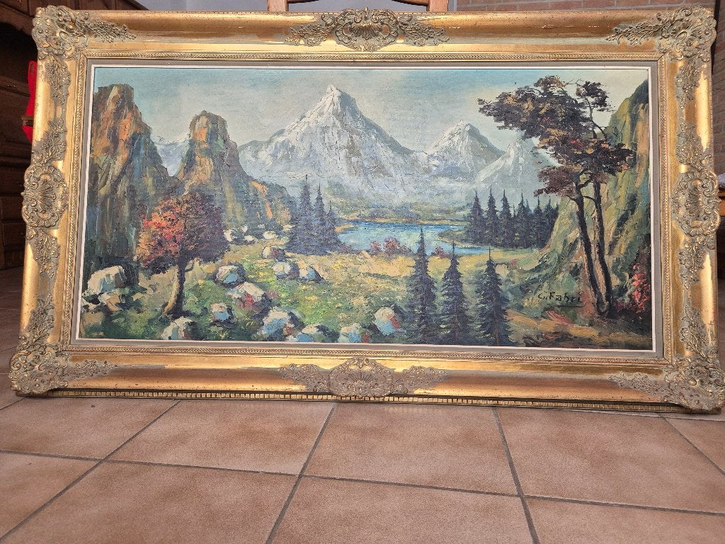 Groot olieverfschilderij Alpenlandschap (144x83 cm)–G. Fabri, Ophalen, Doek, Landschap, Olieverf