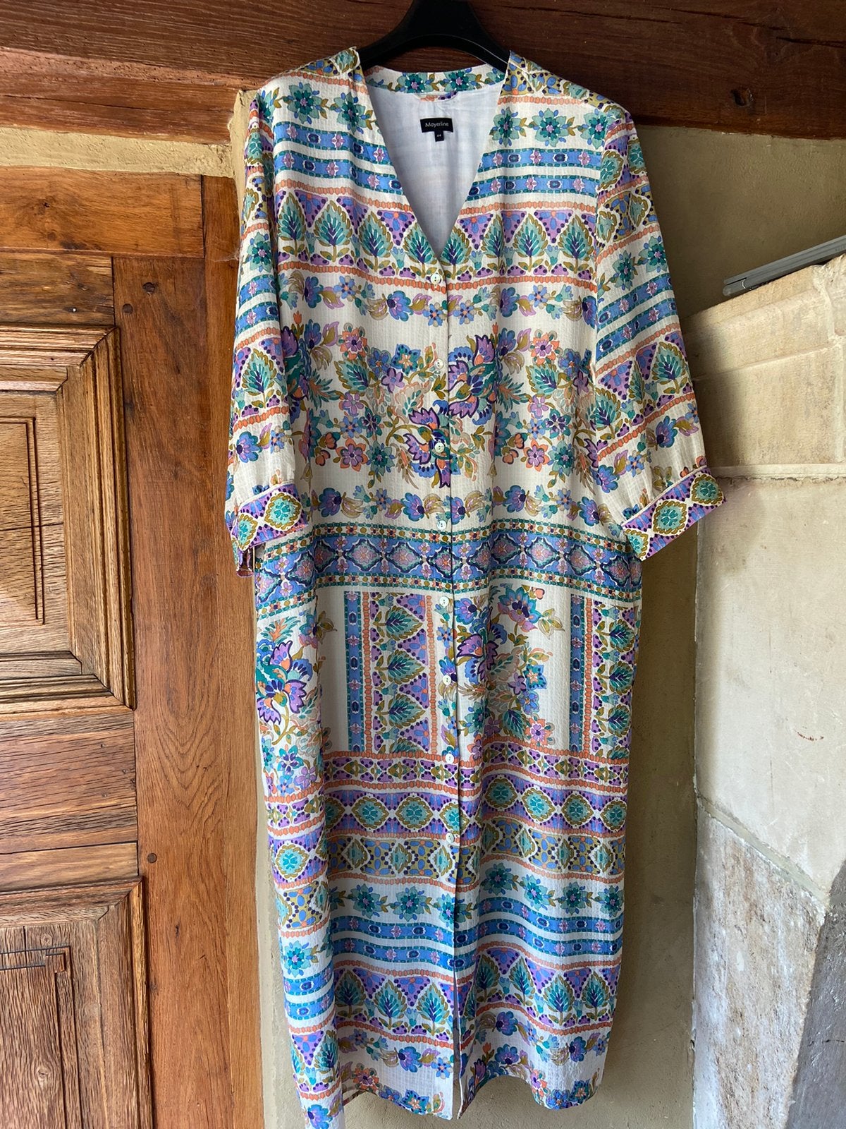 Lange jurk met print Mayerline 44, Kleding | Dames, Jurken, Zo goed als nieuw, Maat 42/44 (L), Blauw, Ophalen of Verzenden
