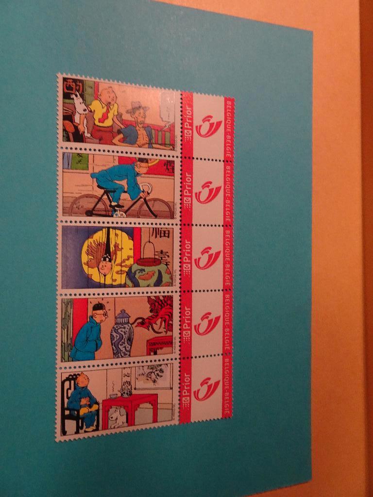 Feuillet 5 timbres Prior Tintin - Le Lotus Bleu, Collections, Enlèvement ou Envoi, Tintin, Neuf, Image, Affiche ou Autocollant