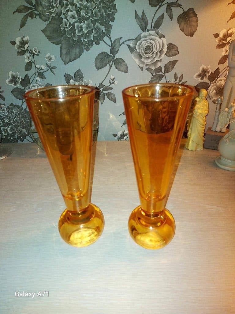 Paire de Vases Soliflores  Verre Ambré MCM, Antiquités & Art, Enlèvement