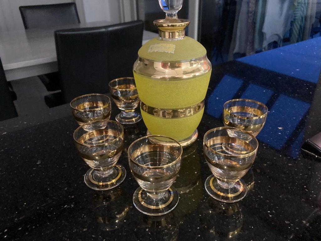 Antiek likeurset, fles met 6 glaasjes. Perfecte staat, Ophalen of Verzenden