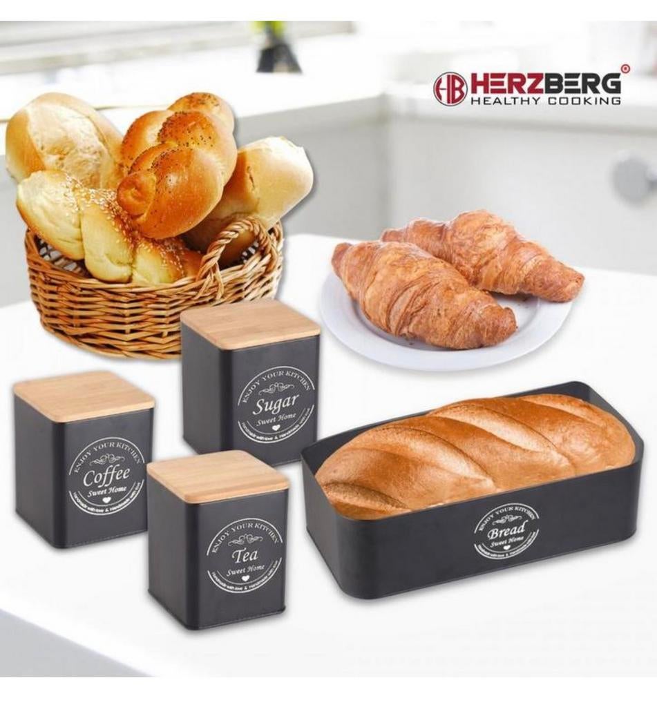 Herzberg 4-delige brooddoos broodbak + voorraadbussen deksel, Ophalen of Verzenden, Nieuw, Zwart