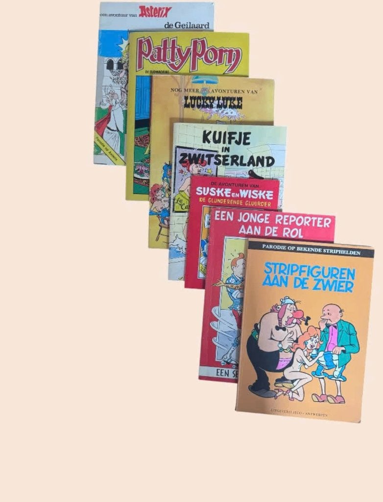7 Parodiestrips - Kuifje, Asterix, Lucky Luke, Suske/Wiske, Meerdere stripboeken, Ophalen of Verzenden, Gelezen, Diverse Auteurs