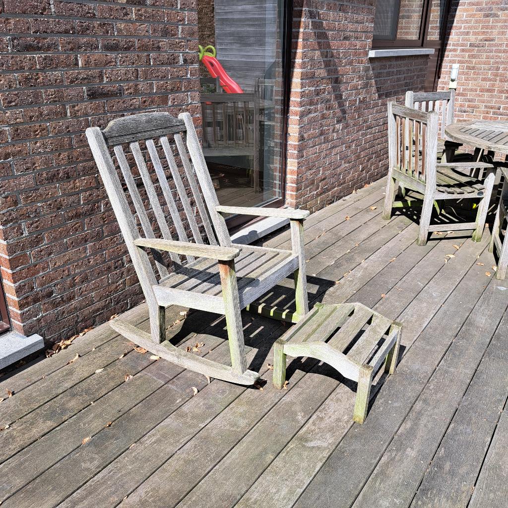 Tuinstoel / schommelstoel met voetenbankje in teakhout, Ophalen, Gebruikt, Teakhout
