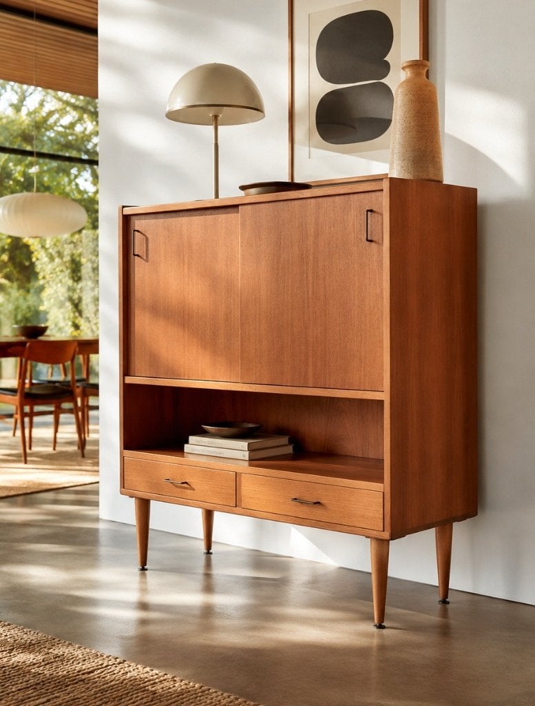 Prachtige vintage teakhouten barkast / highboard, Ophalen, Zo goed als nieuw, Teakhout, Met lade(s)