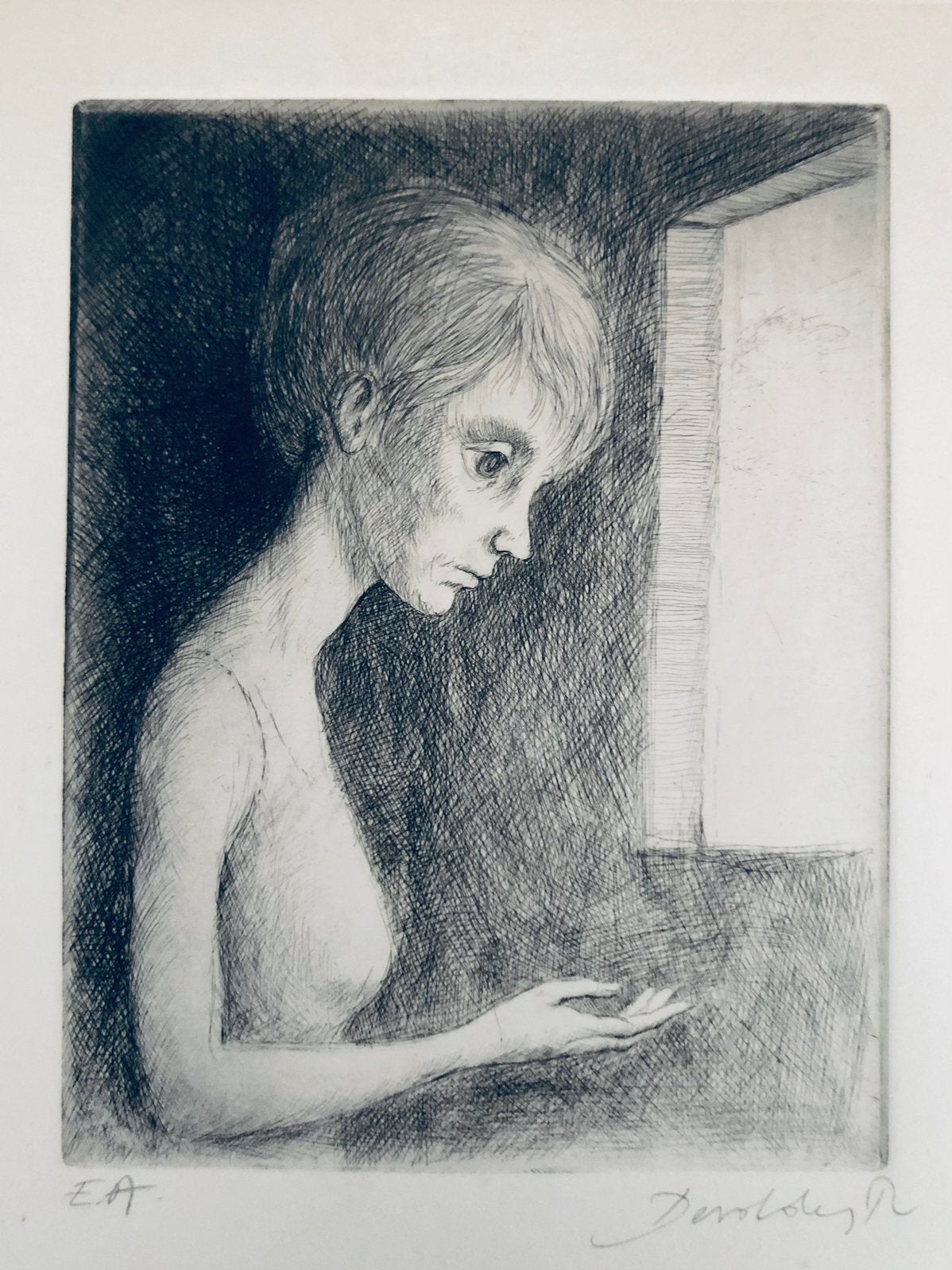 Roland Devolder (1938) - Originele ets Meisje bij raam E.A., Portret, Ophalen of Verzenden, Gesigneerd, 35 cm