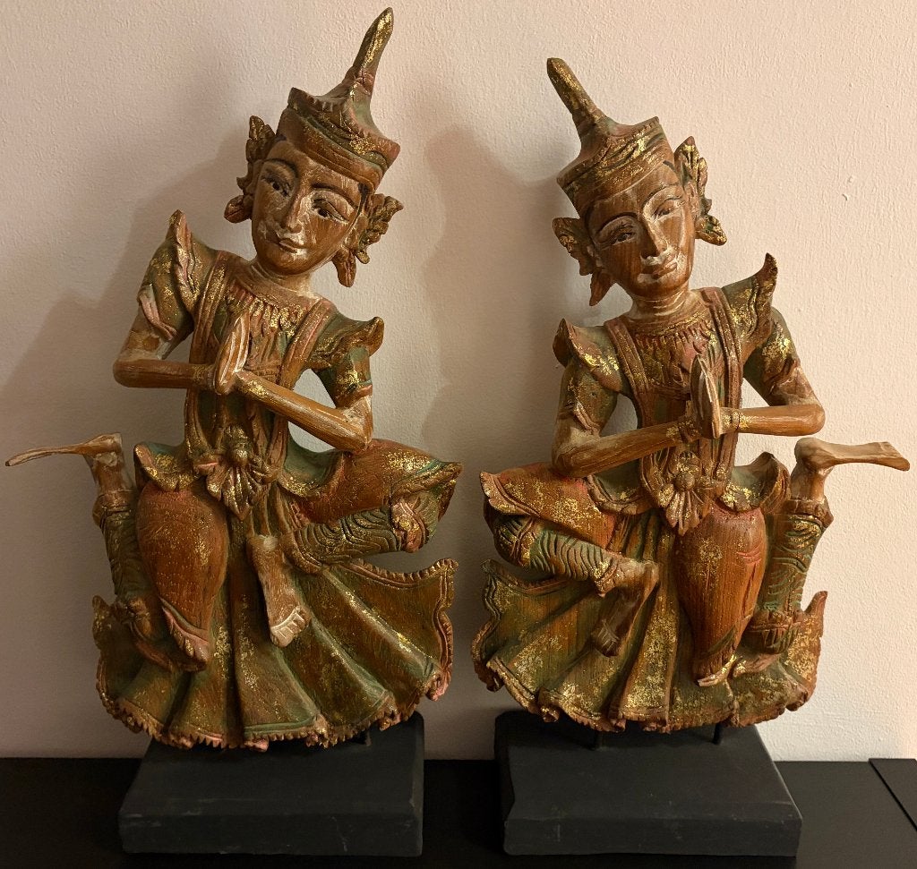 Paire de danseuses birmanes polychromes en Bois, Antiquités & Art, 53 cm, Sculpture sur bois, Enlèvement ou Envoi, Sculpté