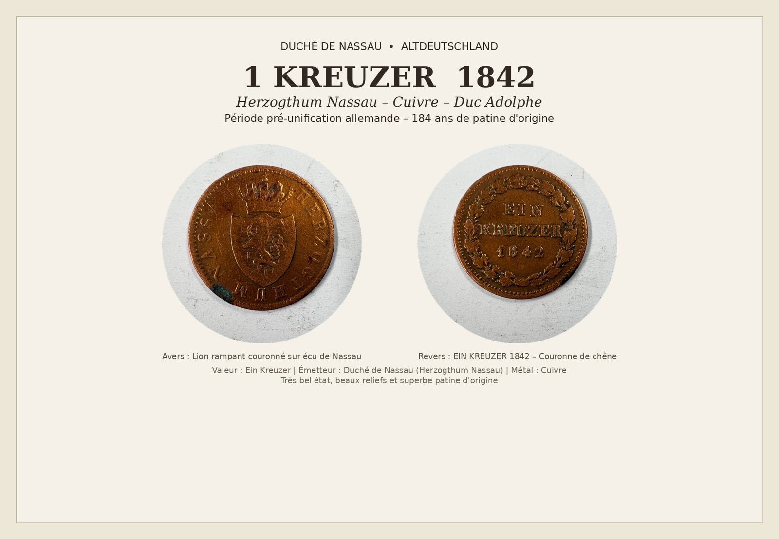 ⁠Pièce en Cuivre Kreuzer 1842 - Duché de Nassau (Allemagne)⁠, Enlèvement, Allemagne