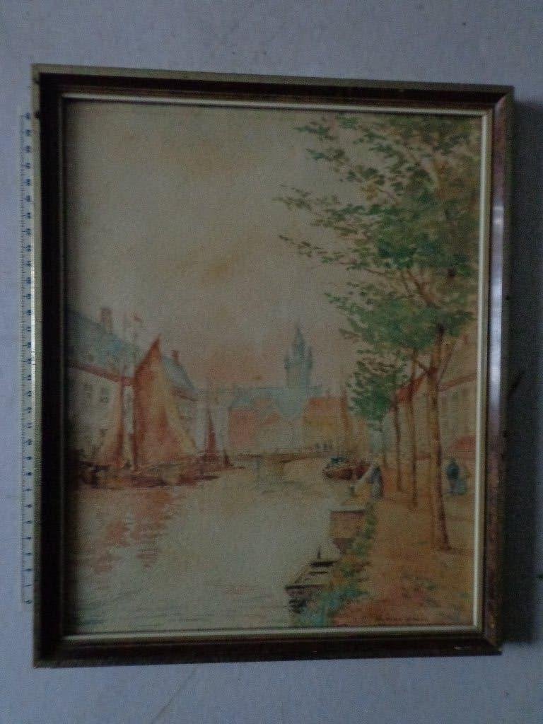 Zeldzame aquarel van Jules Hofman "Koolkaai te Antwerpen", Enlèvement ou Envoi, Tableau, Aquarelle, Sous verre