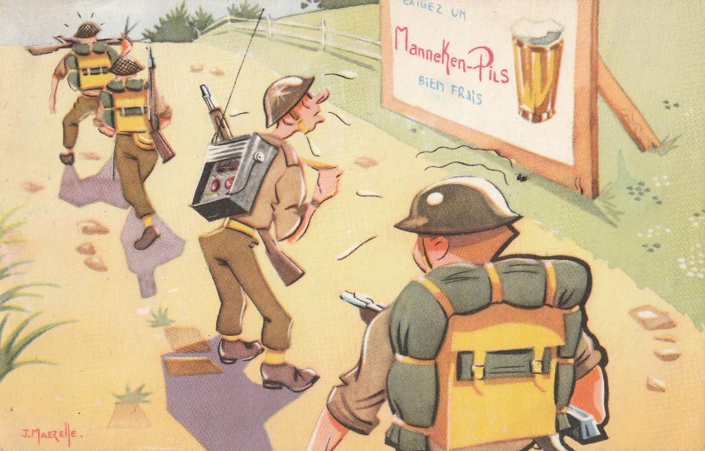 MILITAIR  HUMOR -  Soldaten bij Bord Manneken-Pils, Verzamelen, Postkaarten | Themakaarten, Verzenden, 1940 tot 1960, Gelopen