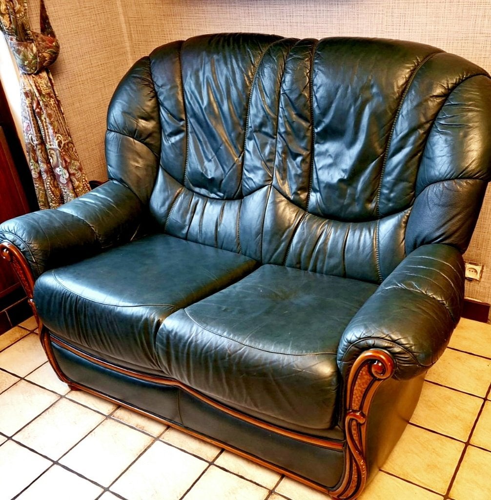 Canapé et fauteuils cuir vert foncé vintage, Maison & Meubles, Enlèvement, Cuir