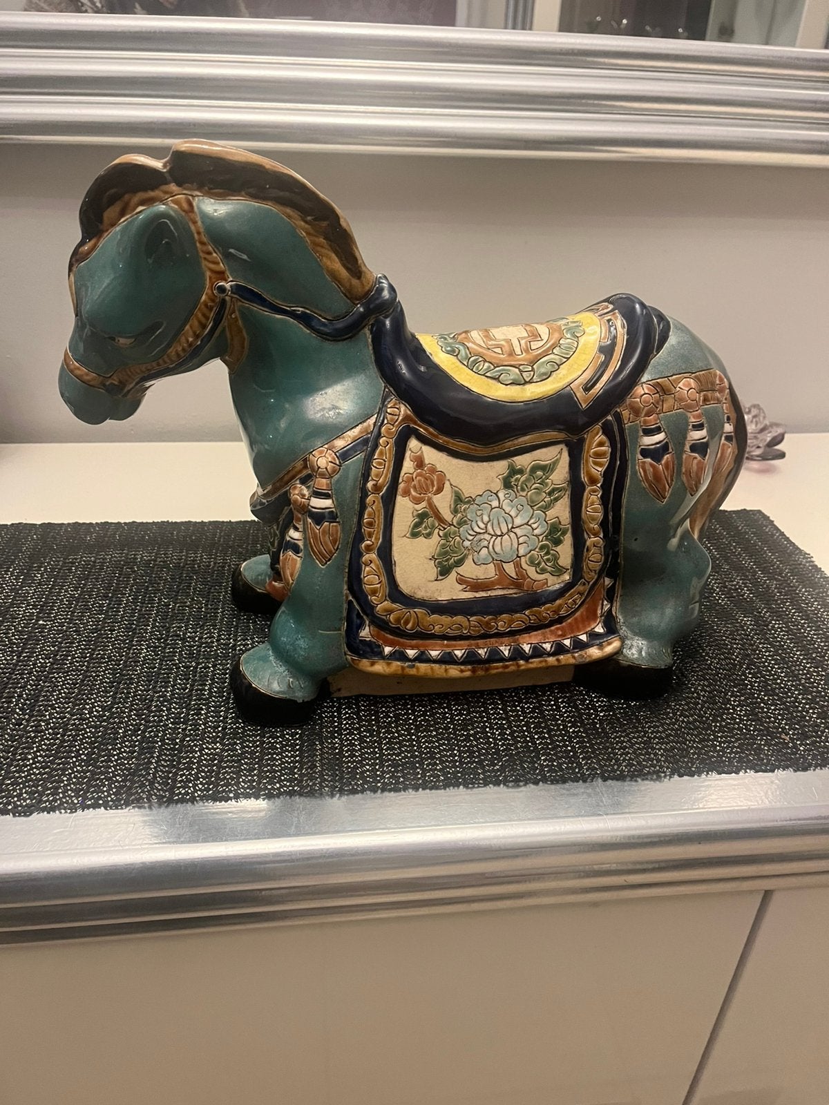 Statuette Cheval de Guerre Style Dynastie Tang (Vintage), Antiquités & Art, Enlèvement ou Envoi, Sculpture, Bleu, Bois