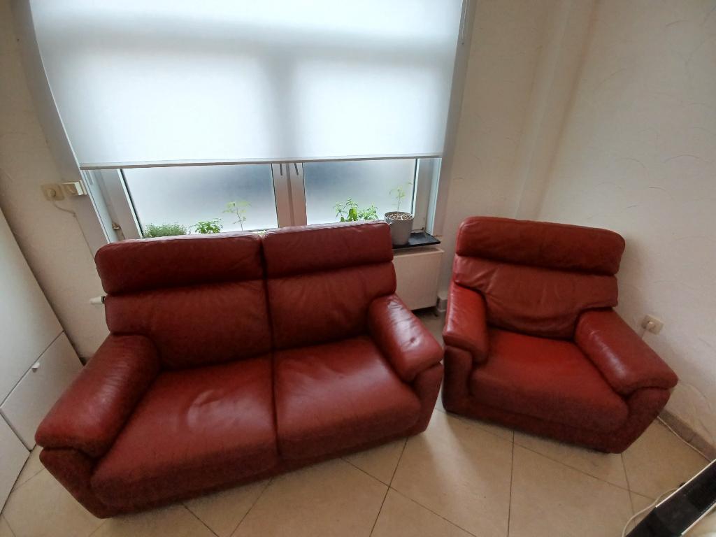 2-zitsbank + rood/bordeauxrode leren fauteuil, Huis en Inrichting, Zetels | Zetels, Ophalen, Gebruikt, Driepersoons, Rechte bank