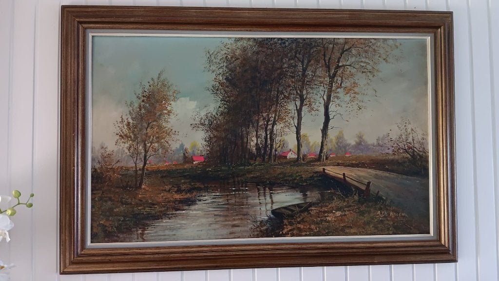 Schilderij landschap Kunstschilde A. De Kroen, Peinture à l'huile, Paysage, Enlèvement, Encadré