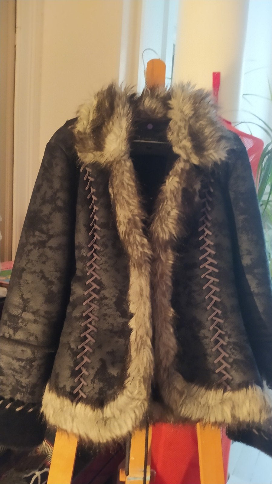 Blouson cuir fourré, Taille 38/40 (M), Gris, Veste fourrée, Comme neuf