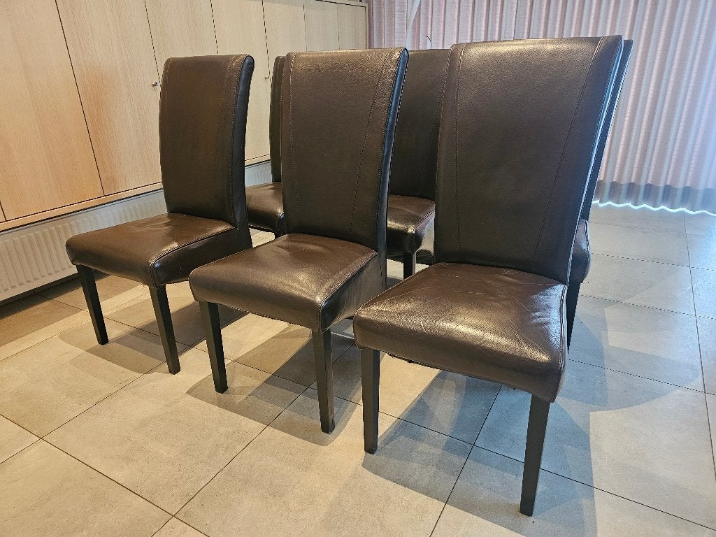 6 stijlvolle lederen eetkamerstoelen, Huis en Inrichting, Stoelen, Gebruikt, Vijf, Zes of meer stoelen, Leer, Bruin, Ophalen