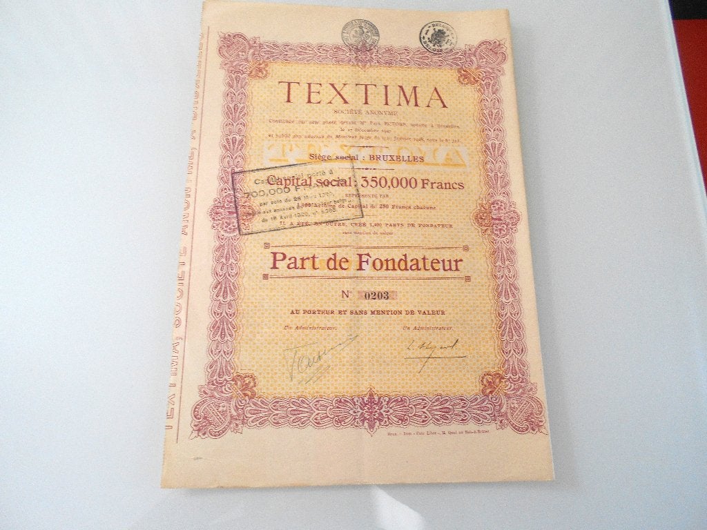 part fondateur Textima (textile Bruxelles )1928, Timbres & Monnaies, Actions & Titres, Enlèvement ou Envoi, 1920 à 1950, Action