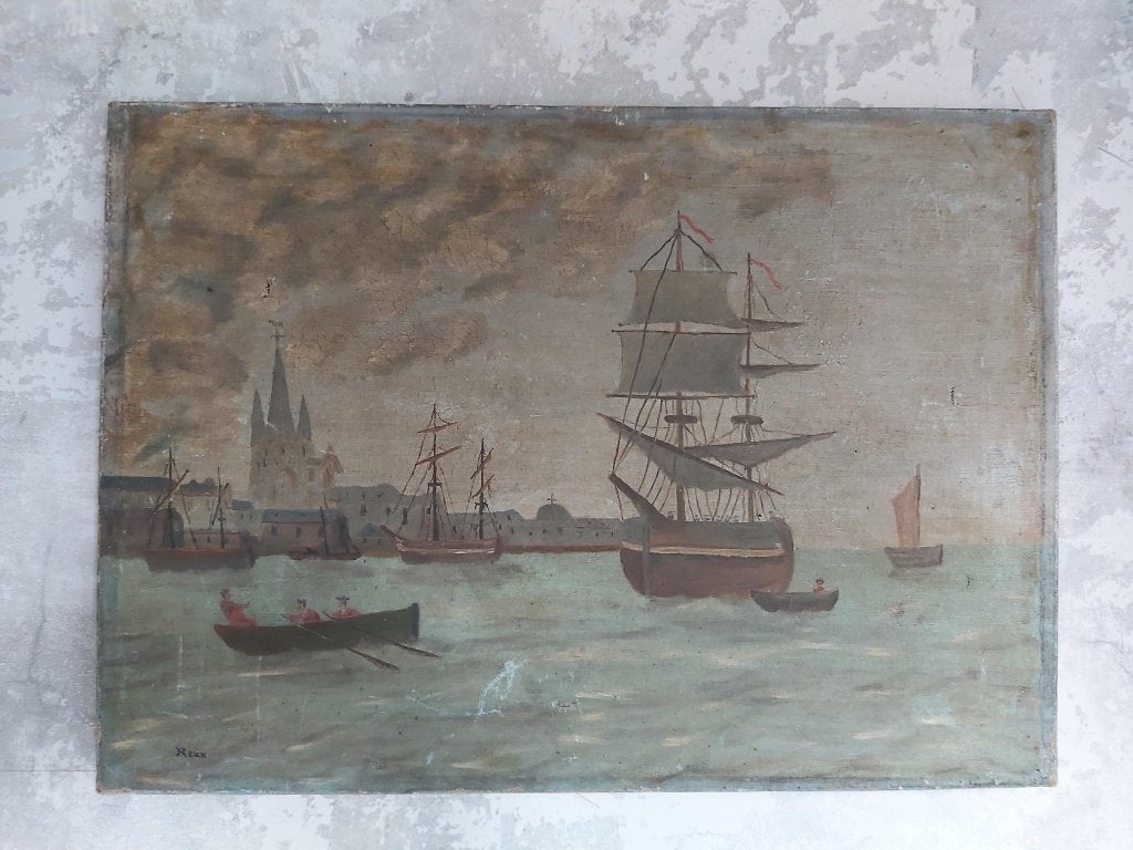 Mooi decoratief oud zeezicht olieverf op doek, Antiek en Kunst, Maritiem / water, Doek, Ophalen of Verzenden, Olieverf