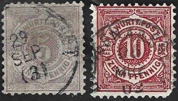 2 Postzegels Württemberg 1875 Cijfer, Timbres & Monnaies, Timbres | Europe | Allemagne, Enlèvement ou Envoi, Empire allemand, Affranchi