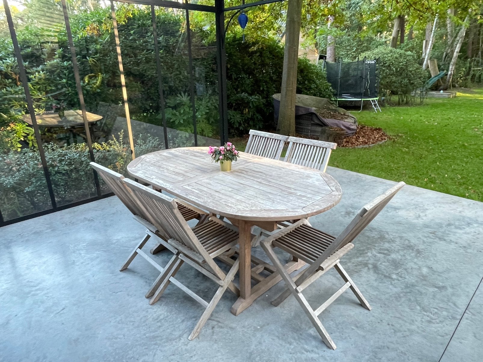 Morati uitschuifbare tuintafel (5 stoelen), Tuin en Terras, Ophalen, Gebruikt, Eettafel, Teakhout
