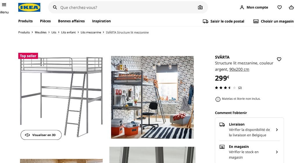 lit mezzanine SVÄRTA ikéa, Maison & Meubles, Chambre à coucher | Lits superposés & Lits mezzanines, Utilisé, Lit mezzanine, 90 cm