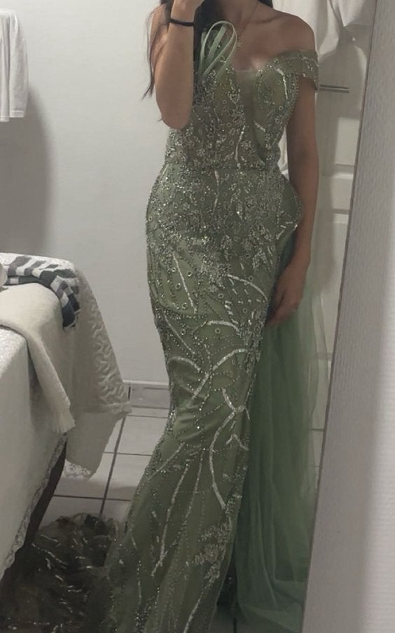 Groene galajurk met steentjes en glitterdetails, Ophalen, Galajurk, Zo goed als nieuw, Maat 34 (XS) of kleiner
