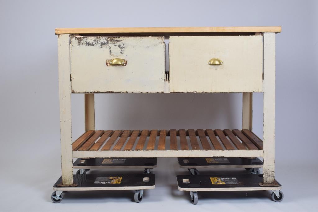 Oude Bakkerstafel metaal met houten werkblad industrieel, Enlèvement