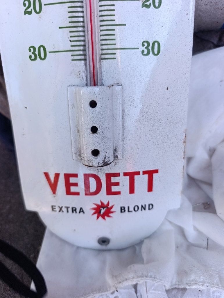 Emaille vedett thermometer, Ophalen, Zo goed als nieuw, Reclamebord, Plaat of Schild, Overige merken