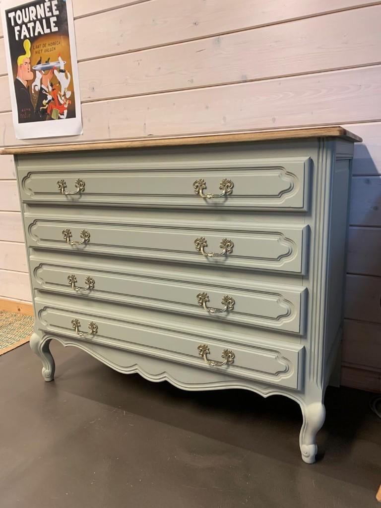 Ladekast Commode – Saliegroen & Eikenlook – Louis XV Stijl, Ophalen, 100 tot 150 cm, Louis XV stijl / Landelijk modern, Zo goed als nieuw