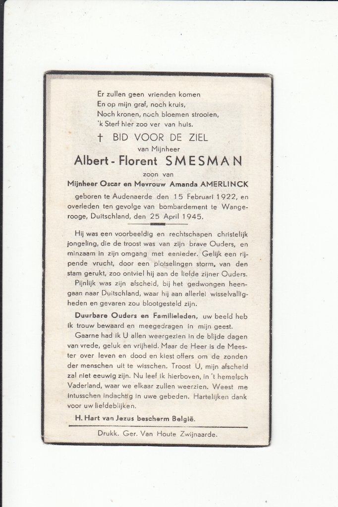 Slachtoffer WO II - Oudenaarde - bombardement Wangerooge (D), Verzamelen, Bidprentjes en Rouwkaarten, Verzenden, Bidprentje