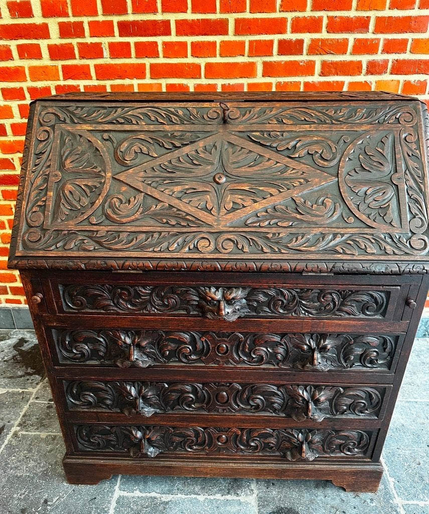 Antieke Klepsecretaire met Prachtig Houtsnijwerk, Antiek en Kunst, Ophalen