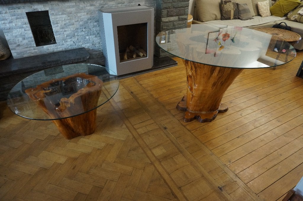 Belle table en tronc d'arbre et table d'appoint, Landelijk modern, Rond, 150 à 200 cm, Enlèvement
