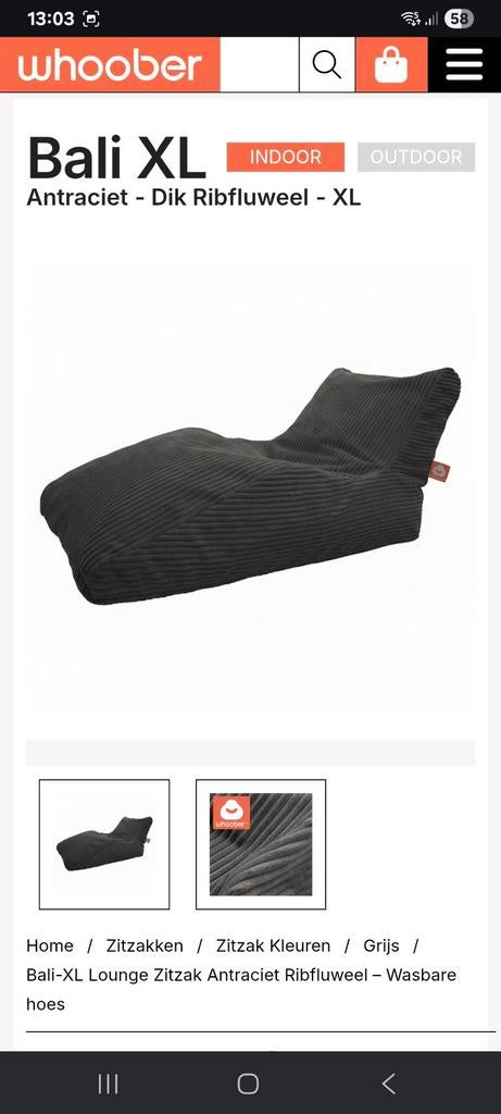 Whoober zitzak Bali XL, Huis en Inrichting, Zitzakken, Ophalen, Grijs, Zitzak