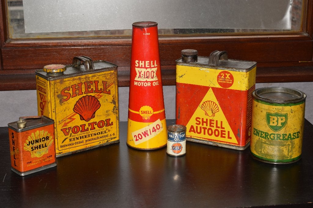 vends échange collection 6 bidon huile shell gulf BP energol, Collections, Enlèvement ou Envoi, Utilisé, Panneau publicitaire