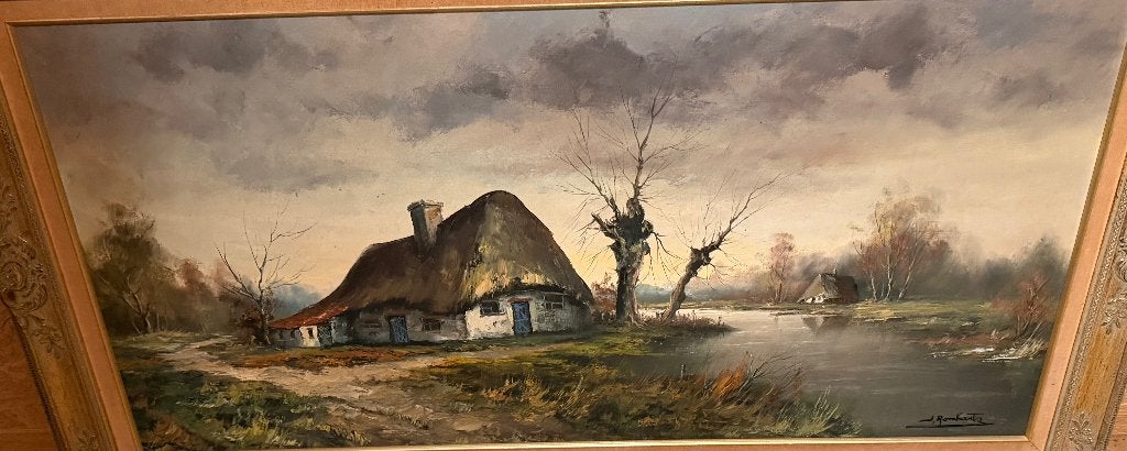 Schilderij J. Rombauts 150x82 Nostalgisch landschap, Antiek en Kunst, Kunst | Schilderijen | Klassiek, Ophalen, Doek, Landschap