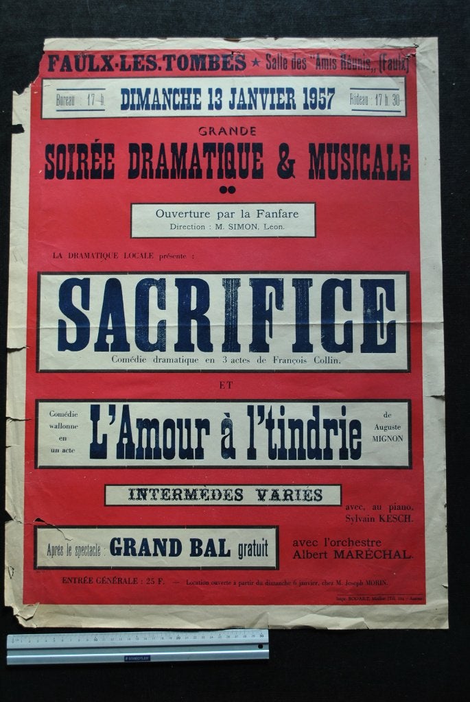 ANCIENNE AFFICHE 1957 FAULX-LES-TOMBES SALLE LES AMIS REUNIS, Enlèvement ou Envoi, Utilisé