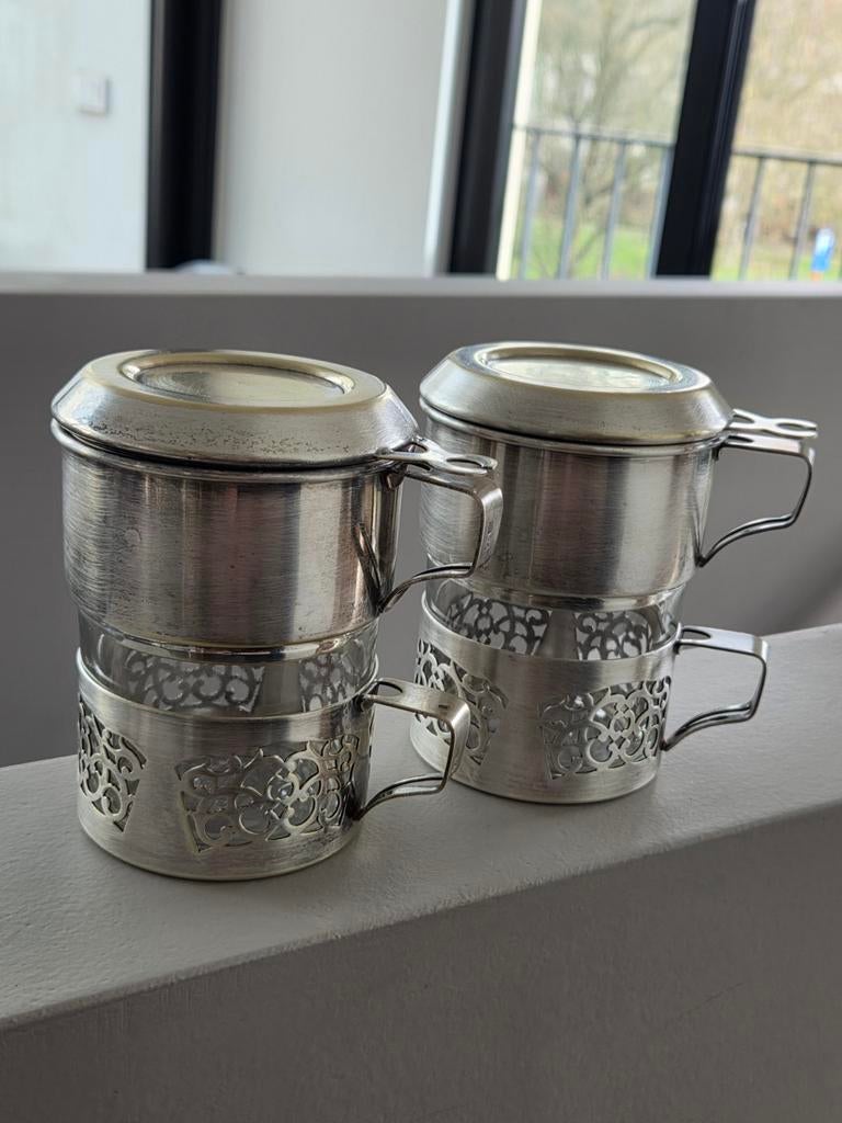 Verzilverde koffiezet Durobor en Duralex glas, Antiek en Kunst, Ophalen