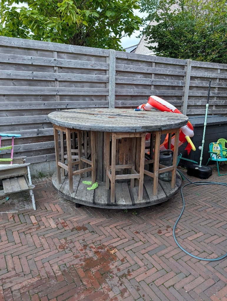 Houten Haspel buitentafel, Tuin en Terras, Ophalen, Gebruikt, Rond, Hout